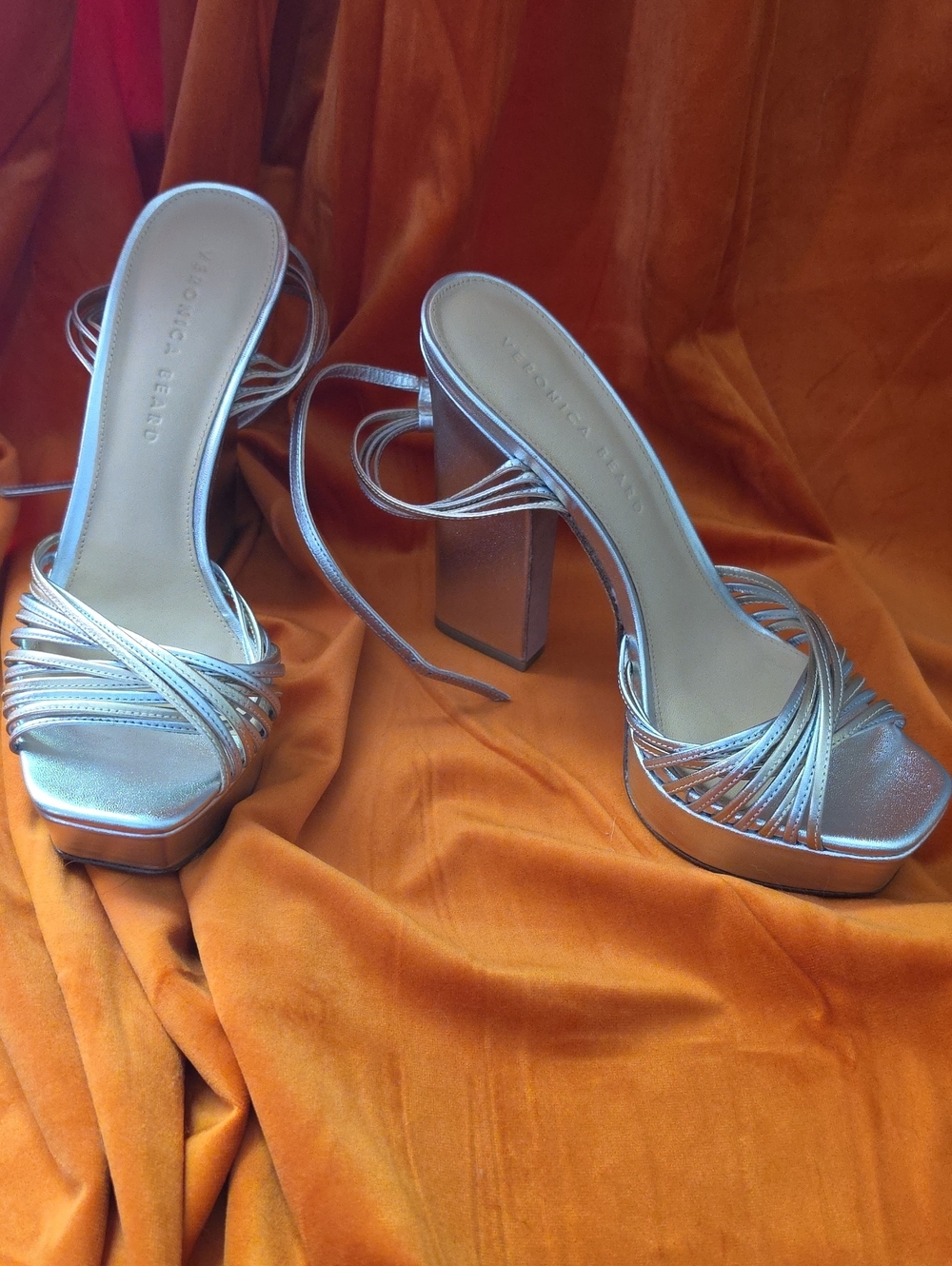Veronica Beard Metallic Silver Strappy Platform Heels
